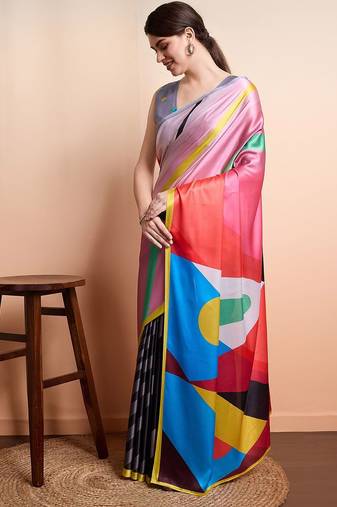 Pink printed satin fashion saree with blouse piece