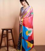 Pink printed satin fashion saree with blouse piece