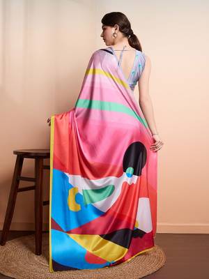 Pink printed satin fashion saree with blouse piece 2