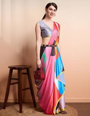 Pink printed satin fashion saree with blouse piece 3