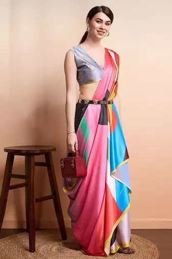 Pink printed satin fashion saree with blouse piece
