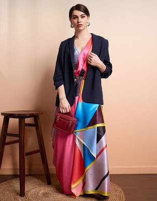 Pink printed satin fashion saree with blouse piece 4