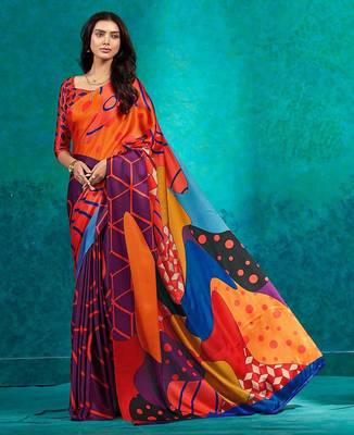 Orange printed satin fashion saree with blouse piece 1