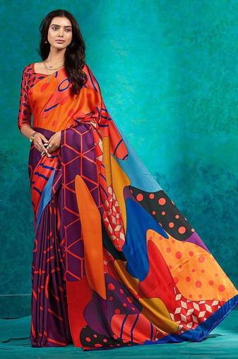 Orange printed satin fashion saree with blouse piece