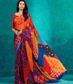 Orange printed satin fashion saree with blouse piece