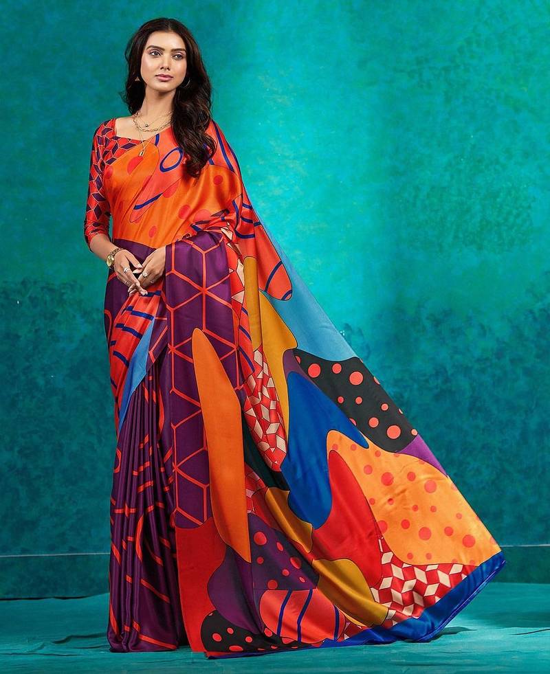 Orange printed satin fashion saree with blouse piece
