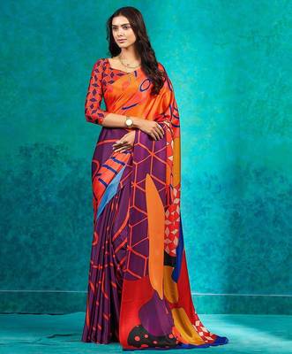 Orange printed satin fashion saree with blouse piece 2