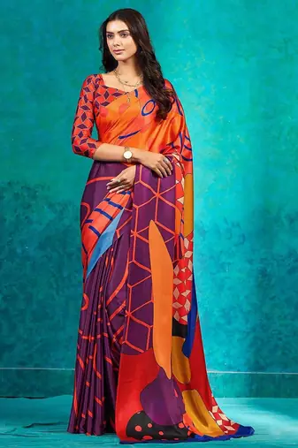 Orange printed satin fashion saree with blouse piece
