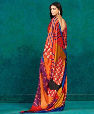 Orange printed satin fashion saree with blouse piece 3