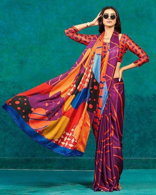 Orange printed satin fashion saree with blouse piece 4