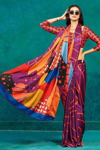 Orange printed satin fashion saree with blouse piece
