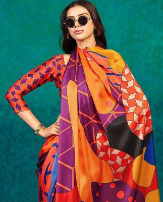 Orange printed satin fashion saree with blouse piece 5