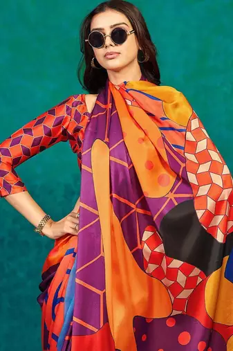 Orange printed satin fashion saree with blouse piece