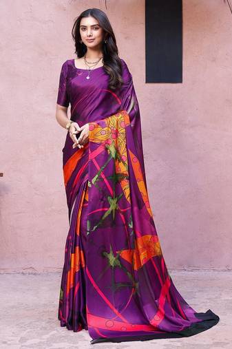 Purple printed satin fashion saree with blouse piece