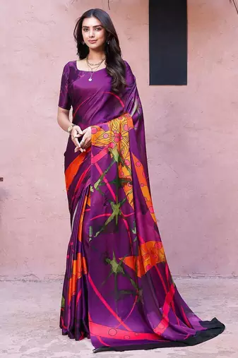 Purple printed satin fashion saree with blouse piece
