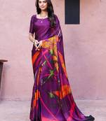 Purple printed satin fashion saree with blouse piece