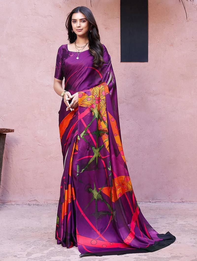 Purple printed satin fashion saree with blouse piece