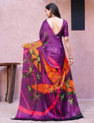 Purple printed satin fashion saree with blouse piece 2