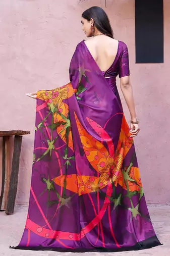 Purple printed satin fashion saree with blouse piece