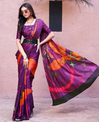 Purple printed satin fashion saree with blouse piece 3