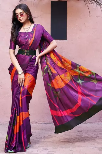 Purple printed satin fashion saree with blouse piece