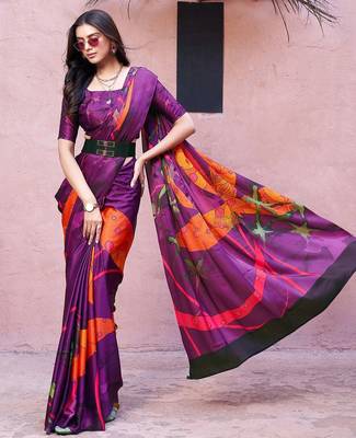 Purple printed satin fashion saree with blouse piece 1
