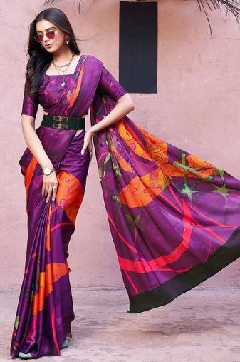 Purple printed satin fashion saree with blouse piece