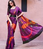 Purple printed satin fashion saree with blouse piece