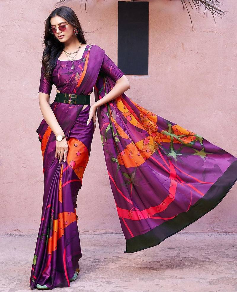 Purple printed satin fashion saree with blouse piece