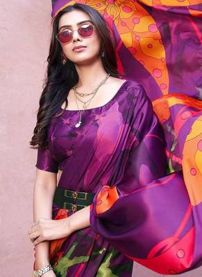 Purple printed satin fashion saree with blouse piece 2