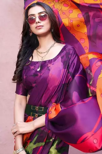 Purple printed satin fashion saree with blouse piece