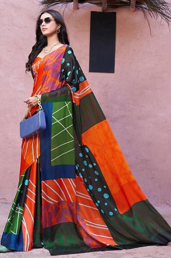 Orange printed satin fashion saree with blouse piece