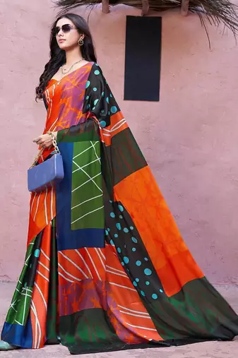 Orange printed satin fashion saree with blouse piece