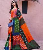 Orange printed satin fashion saree with blouse piece