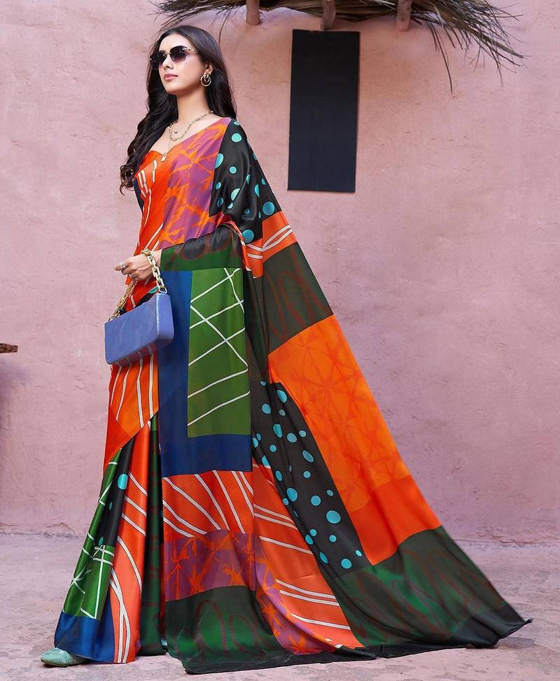 Orange printed satin fashion saree with blouse piece