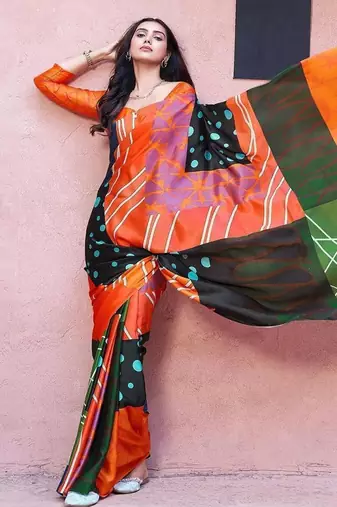 Orange printed satin fashion saree with blouse piece