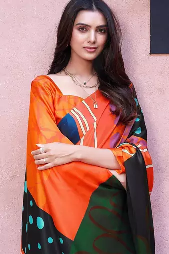 Orange printed satin fashion saree with blouse piece
