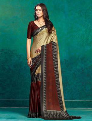 Beige printed satin fashion saree with blouse piece 1