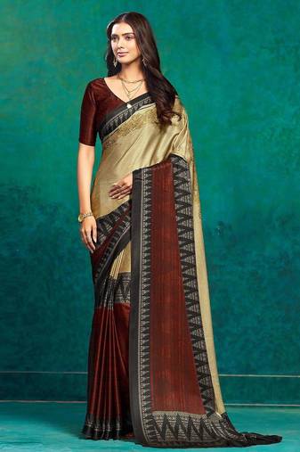 Beige printed satin fashion saree with blouse piece