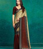 Beige printed satin fashion saree with blouse piece