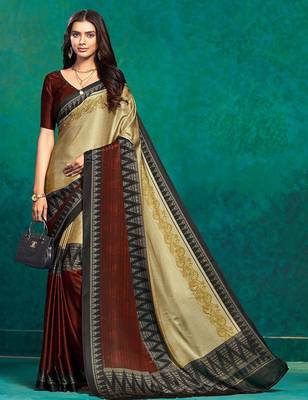Beige printed satin fashion saree with blouse piece 2