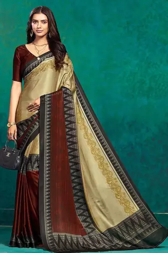 Beige printed satin fashion saree with blouse piece