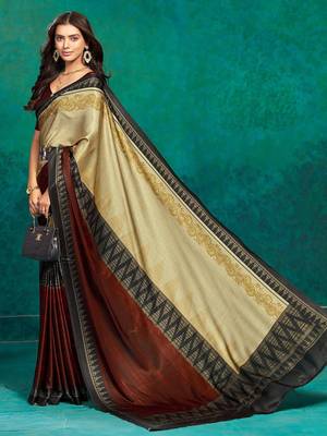 Beige printed satin fashion saree with blouse piece 3