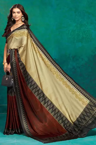 Beige printed satin fashion saree with blouse piece