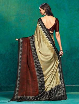 Beige printed satin fashion saree with blouse piece 4