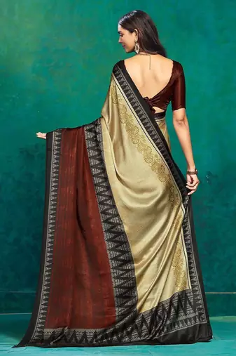 Beige printed satin fashion saree with blouse piece