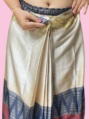 Beige printed satin fashion saree with blouse piece 5