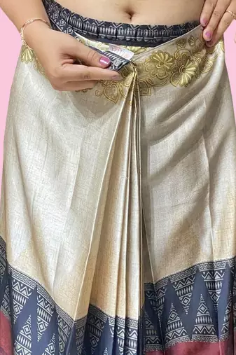 Beige printed satin fashion saree with blouse piece