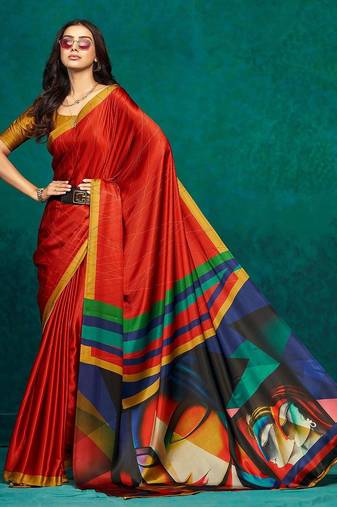 Red printed satin fashion saree with blouse piece