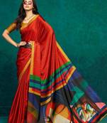 Red printed satin fashion saree with blouse piece
